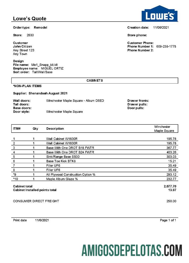 imprimível Modelo de fatura da Lowe nos EUA